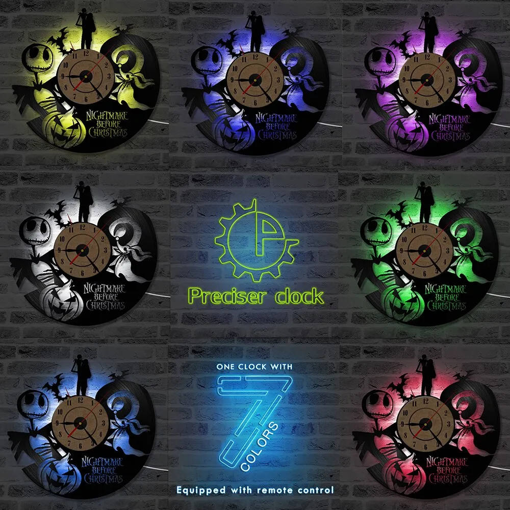 The Nightmare Before Christmas Cartoon CD Record Clock Love Story Vinyl Record Wall Clock Classic Home Decor LED Clock