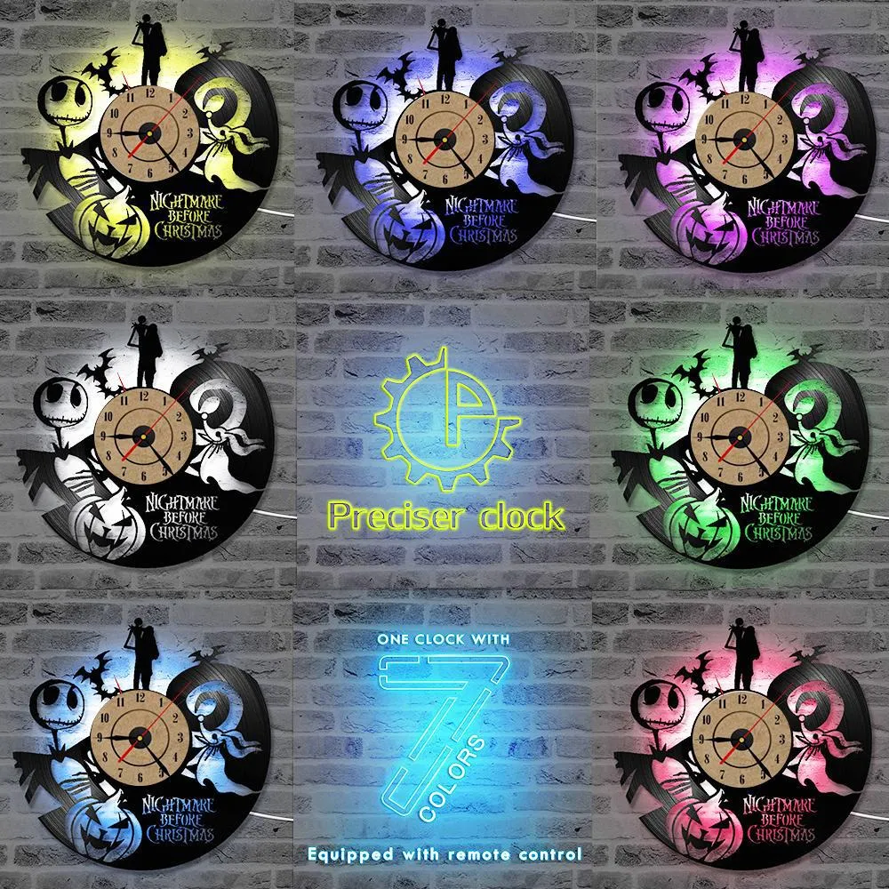 The Nightmare Before Christmas Cartoon CD Record Clock Love Story Vinyl Record Wall Clock Classic Home Decor LED Clock