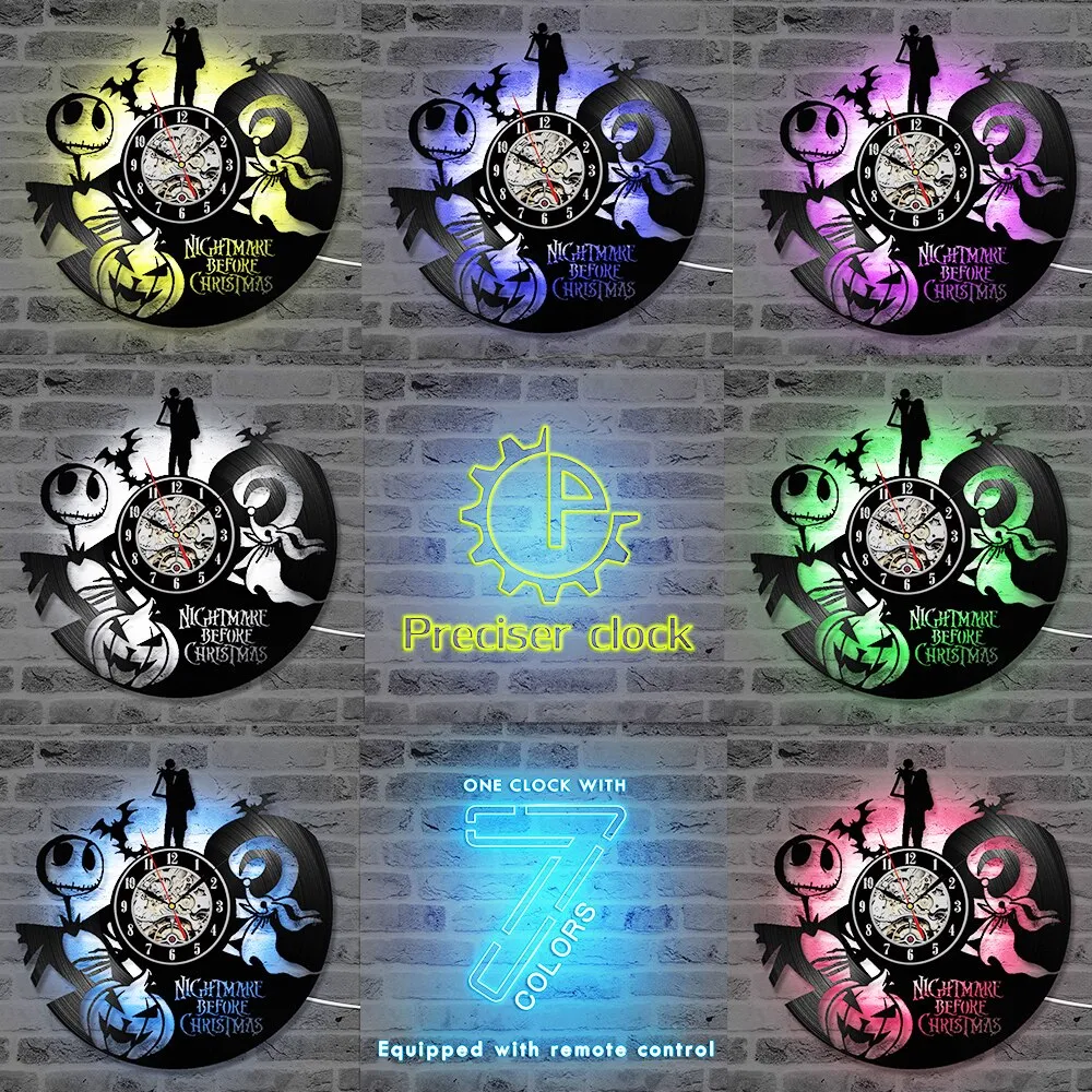The Nightmare Before Christmas Cartoon CD Record Clock Love Story Vinyl Record Wall Clock Classic Home Decor LED Clock
